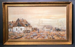 Vojnits Richárd: Tanya (olajfestmény, 70x40 cm + keret) falusi tájkép, paraszti élet