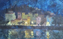 Kapicz Margit (1921-1995): Firenze (pasztell) esti vízparti városkép, Itália, Olaszország