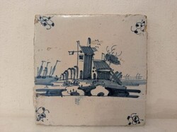 Antik delfti porcelán 18. század kék csempe csónakház Delft nr. 87 4563