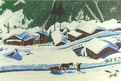 1Y049 Falu télen - színes grafika, jelzett fotó nyomat