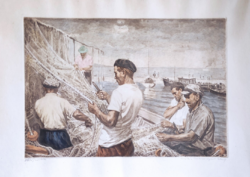 Csáki Maronyák József (1910-2002) Hálójavítók. Színezett rézkarc, papír.