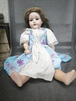 Antik porcelán biszkvit fejű baba fa testű szép baba Armand Marseille . Ember hajú