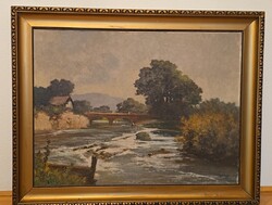 Neogrády - "Folyó híddal"  - nagyméretű antik festmény