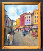 Séta a városban (olajfestmény) Színes utcai forgatag - azonosítatlan jelzéssel - mediterrán hangulat