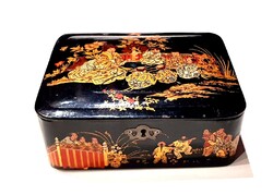 Régi Kínai lakk doboz körbe jelenetekkel festett