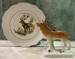 Cluj porcelán szarvas, hibátlan állapot, Bavaria szarvas mintás tányér hátulján kagylós lepattanás
