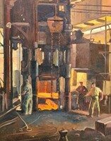 Gönczi Gebhardt Tibor ritka szocreál olajfestmény 1953-ból - Kohó (Gyár) - munkáskép, ipar