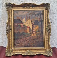 Sziklai Lajos  utcakép aranyozott blondel keret , olaj vászon festmény