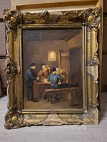 Simon János: Beszélgetők, festmény, olaj, falap, 30x40 cm+ romos keret