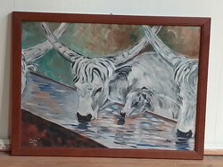 Itatás, olajfestmény Bíró 1960 jelzett, szürkemarha ökör ökrök Hortobágy tanya jelenet