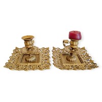 Antik századfordulós réz sétáló gyertyatartó pár