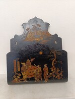 Antik kínai levél boríték tartó falra akasztható festett fekete lakk bútor 386 5736