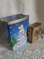 Egymásba rakható vintage jándék fémdoboz ünnepi csomagoláshoz arany kék csillagos hóember es