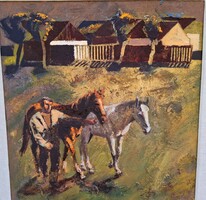 Ezüst György (1935-2017) Lovakkal,Képcsarnokos Festmény