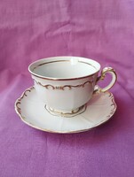 Zsolnay porcelán. Fehér,  arany tollazott teás csésze és aly.