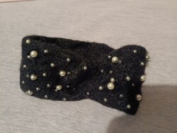 Winter knitted headband, black, beaded earmuffs