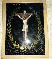 CC. 1900 's ANTIK ÜVEGFESTMÉNY - JÉZUS MEGFESZÍTÉSE - PARASZTHÁZAS FALIKÉP a képek szerint