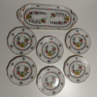 6 személyes Herendi, színes Indiai kosármintás süteményes készlet