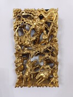 Antik kínai militari kép csatajelenet faragott fa sokalakos szobor életkép arany bútor berakás 326