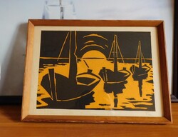 Vintage lino metszet textilen fenyőfa keretben - szignózott