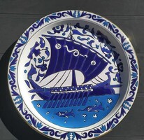 Kék görög falitányér, 26,5 cm, 24k arany