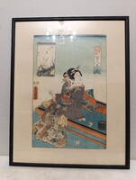 Antik Japán fametszet gésa életkép motívum keretben 362 5859