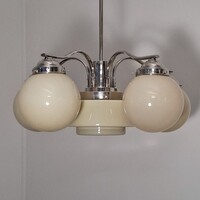 Art deco 5 karos - 7 égős nikkelezett csillár felújítva - krémszínű búrák - Lampart