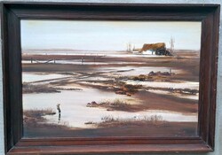 Reinhardt István olajfestmény – alföldi tájkép, zsűrizett mű