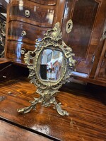 Barokk antik bronz asztali tükör puttós