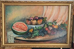 Szignózott olaj/vászon festmény dinnyés csendélet, 1979-ben készült másolat!