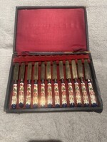 Zsolnay gyümölcskés 12 db-os (sárgaréz pengék) garnitúra perzsamintás dekorral , VINDOBONA  jelzett