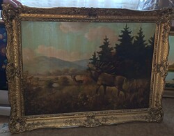 Szignózott, nagy méretű olaj/vászon festmény 100x70 cm "Szarvasbőgés"