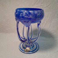 Sklo polipkaros kék üveg kínáló, mécsestartó dísztárgy.