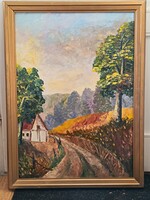 Házikó az erdei út mellett. Olajfestmény, farost hordozón. Szignózott, Szabó László alkotás.