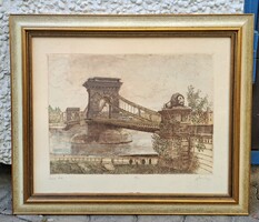 Blahos Rudolf: Lánchíd, szép keretben! (színes rézkarc) Duna, Budapest