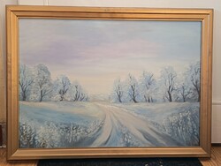 Négy évszak/Tél. Olajfestmény, farost hordozón. Szignózott, Szabó László alkotás.