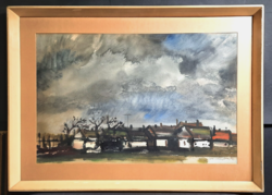 Weinträger Adolf: Borús időben KÉPCSARNOKOS (akvarell, kerettel: 53x73 cm) tanya, paraszti élet