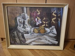 Dobrovits Ferenc csendélet festmény, Képcsarnok, 1969, olaj, farost, 60x80 cm+ keret, üveg repedt