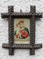 Antik Tramp art stílusú fa keret, képkeret