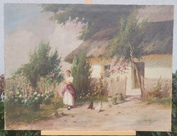 Ács Ágoston (1889 - 1947): "Tavaszi kert női alakkal" NAGYMÉRETŰ festmény