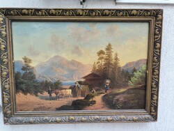 Antik olaj vàszon festmény Biedermeier stílusú tàjkép, Osztrák festmény. Képóra stílusú!