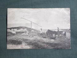 Képeslap,sorsjegy,Alföld,Hortobágy,puszta,gémeskút,itatás,Lotz Károly festmény,Divald Bp. kiad,1906-