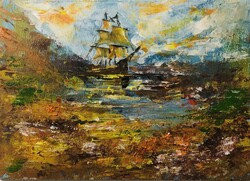 Alkonyat a tengeren 24x18 cm olaj, kasírozott vászon. Egy hét/egy esély!