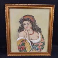 "Cigánylány" szép állapotú gobelin, mesés kerettel együtt.