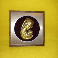 Mária és gyermek Jézus. Olasz, jelzett. Domborműves, aranyozott kép, vallási kegytárgy.