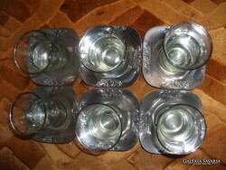 RÉGI TÖRÖK EZÜST színű CSÍKOS ÜVEG KÉSZLET, FÉM TÁNYÉROKKAL, 6 POHÁR, 6 TÁNYÉR, JELZÉSE FULDA ROS