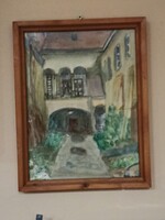 Hárs István akvarell aquarell, 30x40cm. Sopron Várkerület, udvar.