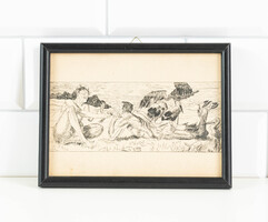 Faunok és gólyák - két szatír a mezőn - rézkarc keretezve, üveglap alatt