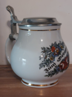 Domex 95% Zinn,német ón fedeles porcelán sörös kupa,korsó, " Zum Geburtstag" felírat,virágos dekor