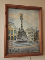 Hárs István akvarell aquarell, 30x40cm. Sopron, Fő tér, Szentháromság szobor